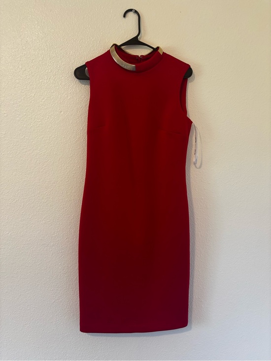Calvin Klein Dresses & Skirts - Calvin Klein Red Midi Sheath Dress with Gold Neck Detail